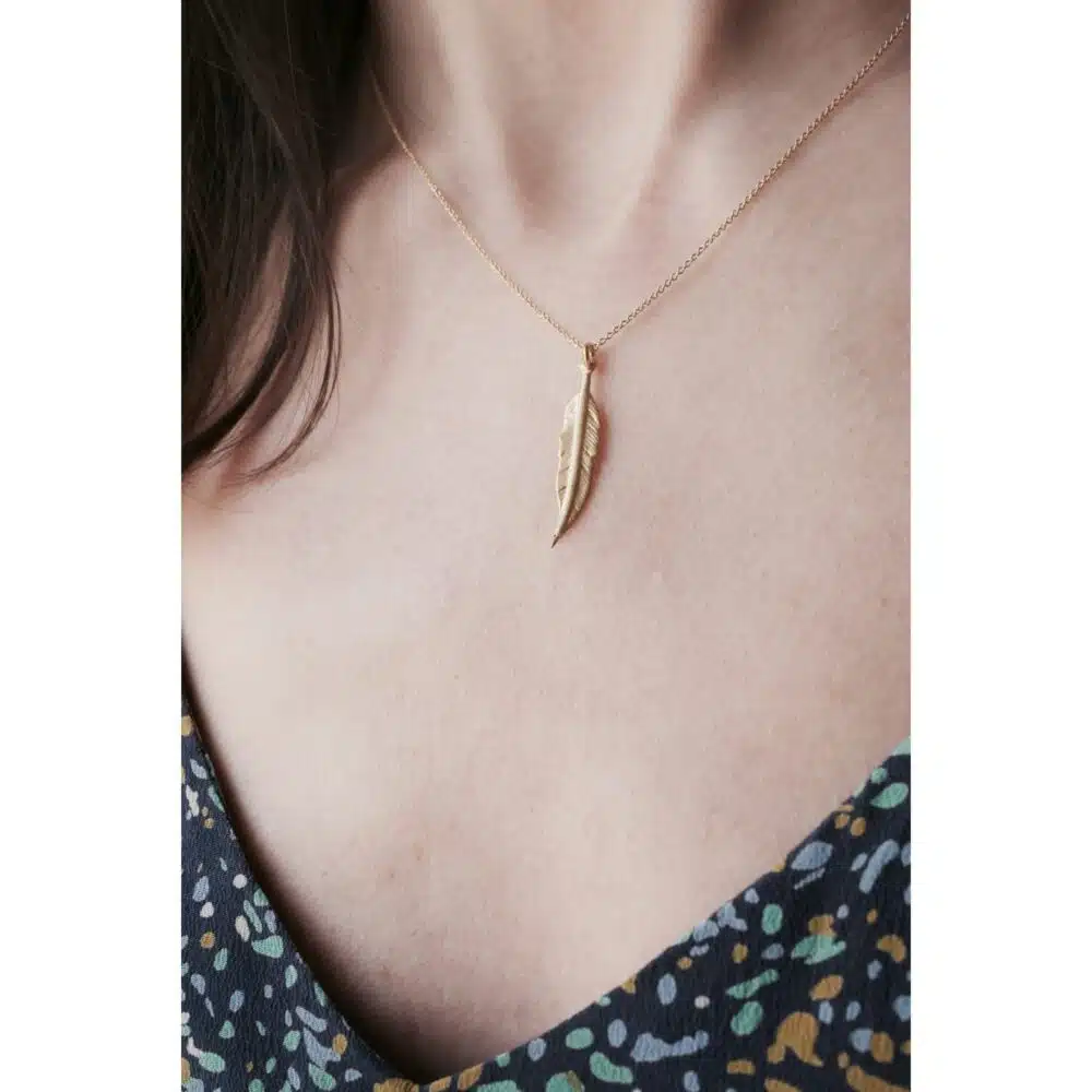 boho feather necklace gold plated .925 silver