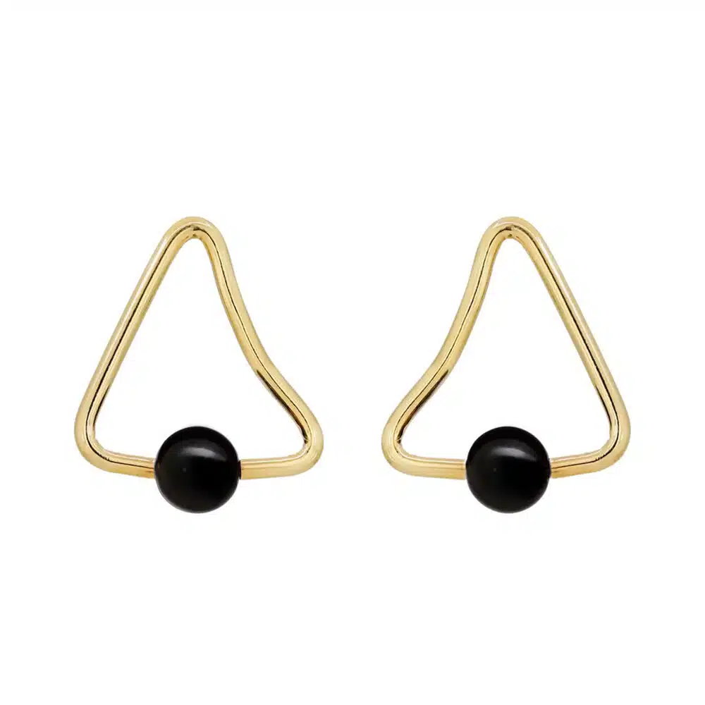 triangular earrings black onyx gold plated vermeil