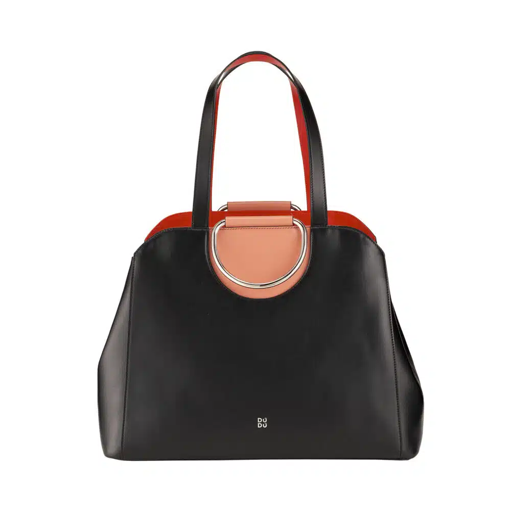black and tan leather handbag with metal handles Dudu